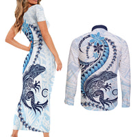 Blue Maori Tuatara Couples Matching Short Sleeve Bodycon Dress and Long Sleeve Button Shirt Luxury Pastel Pattern LT01 - Polynesian Pride