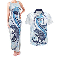 Blue Maori Tuatara Couples Matching Tank Maxi Dress and Hawaiian Shirt Luxury Pastel Pattern