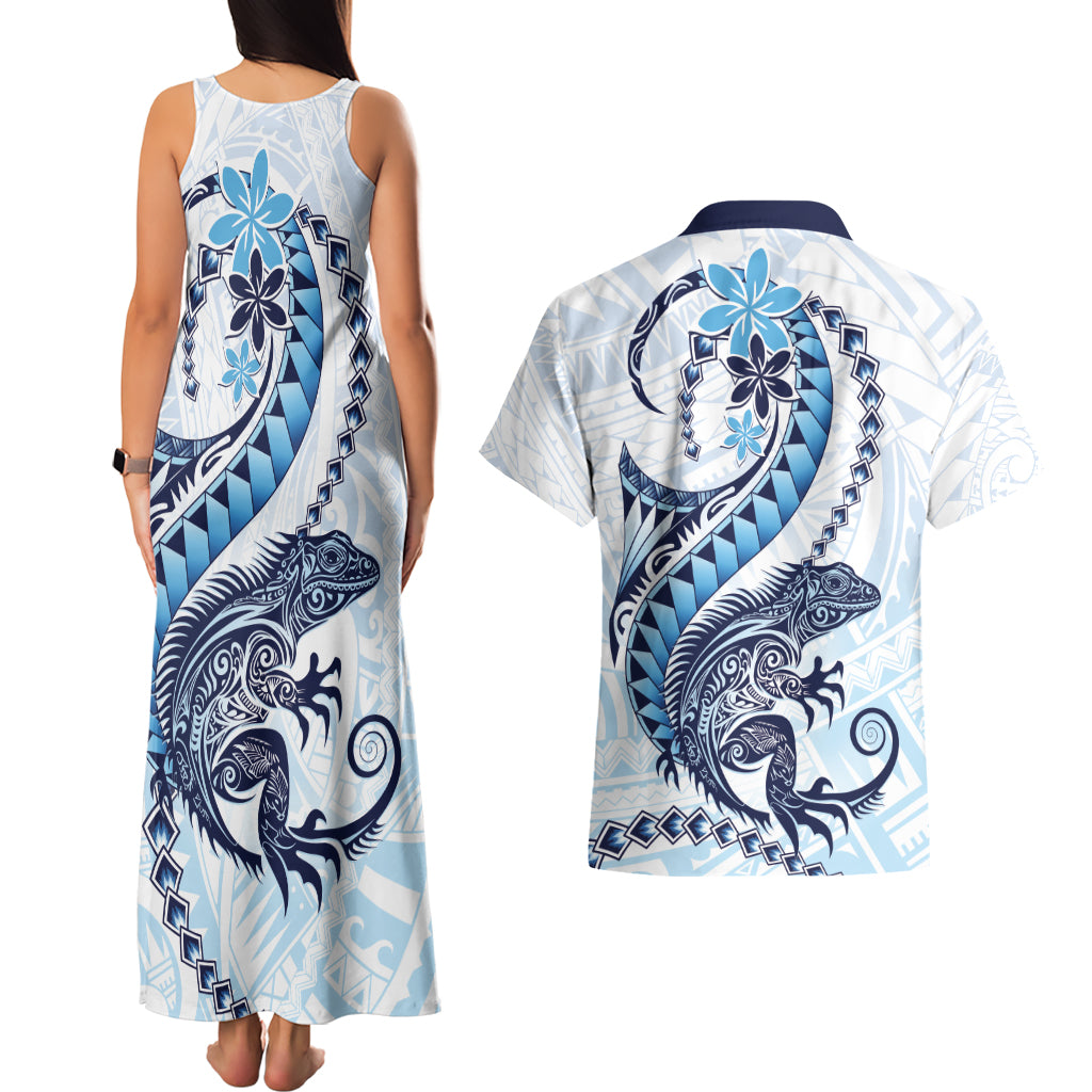 Blue Maori Tuatara Couples Matching Tank Maxi Dress and Hawaiian Shirt Luxury Pastel Pattern