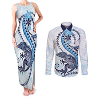 Blue Maori Tuatara Couples Matching Tank Maxi Dress and Long Sleeve Button Shirt Luxury Pastel Pattern LT01 Blue - Polynesian Pride