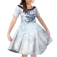 Blue Maori Tuatara Family Matching Long Sleeve Bodycon Dress and Hawaiian Shirt Luxury Pastel Pattern LT01 Daughter's Dress Blue - Polynesian Pride