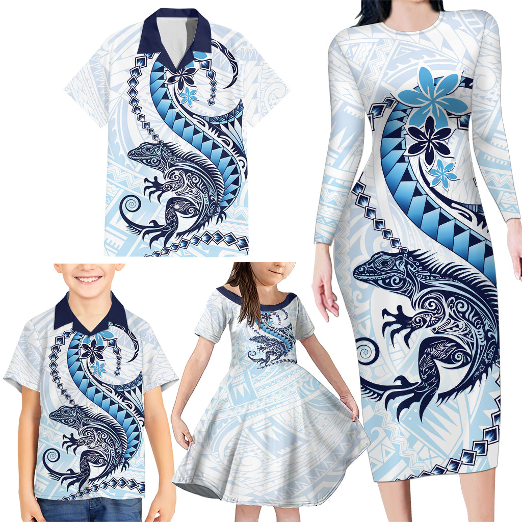 Blue Maori Tuatara Family Matching Long Sleeve Bodycon Dress and Hawaiian Shirt Luxury Pastel Pattern LT01 - Polynesian Pride