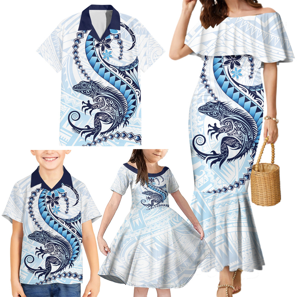 Blue Maori Tuatara Family Matching Mermaid Dress and Hawaiian Shirt Luxury Pastel Pattern LT01 - Polynesian Pride