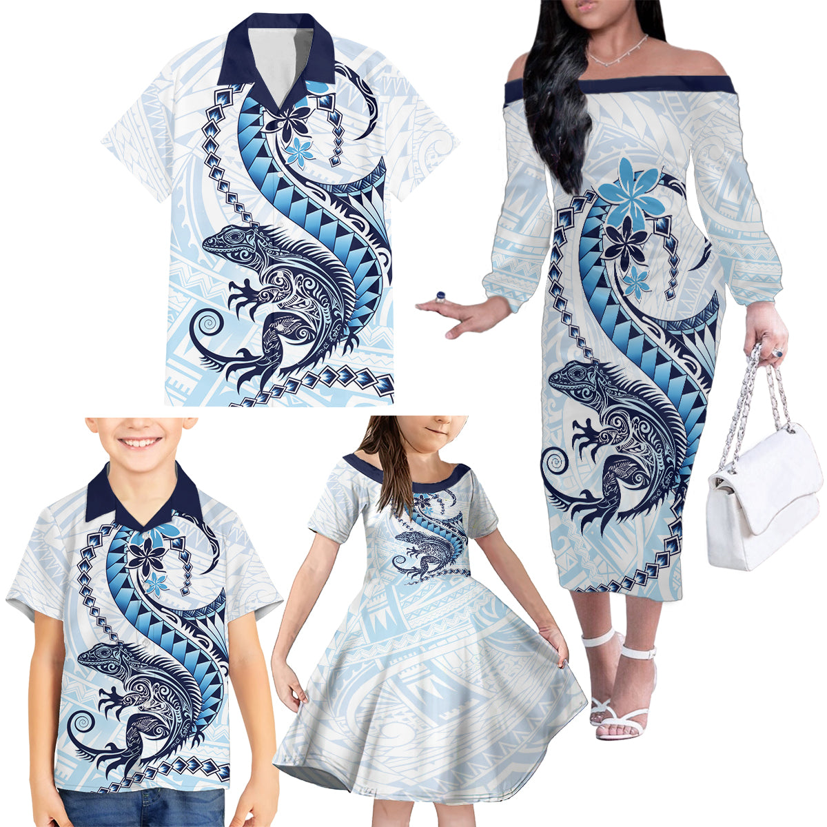 Blue Maori Tuatara Family Matching Off The Shoulder Long Sleeve Dress and Hawaiian Shirt Luxury Pastel Pattern