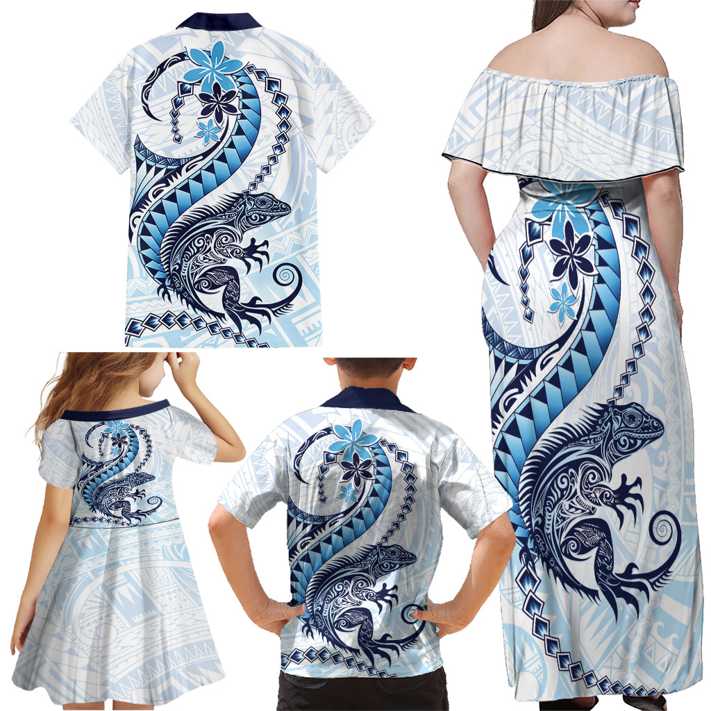 Blue Maori Tuatara Family Matching Off Shoulder Maxi Dress and Hawaiian Shirt Luxury Pastel Pattern LT01 - Polynesian Pride