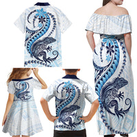 Blue Maori Tuatara Family Matching Off Shoulder Maxi Dress and Hawaiian Shirt Luxury Pastel Pattern LT01 - Polynesian Pride
