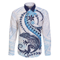 Blue Maori Tuatara Family Matching Off Shoulder Maxi Dress and Hawaiian Shirt Luxury Pastel Pattern LT01 Dad's Shirt - Long Sleeve Blue - Polynesian Pride