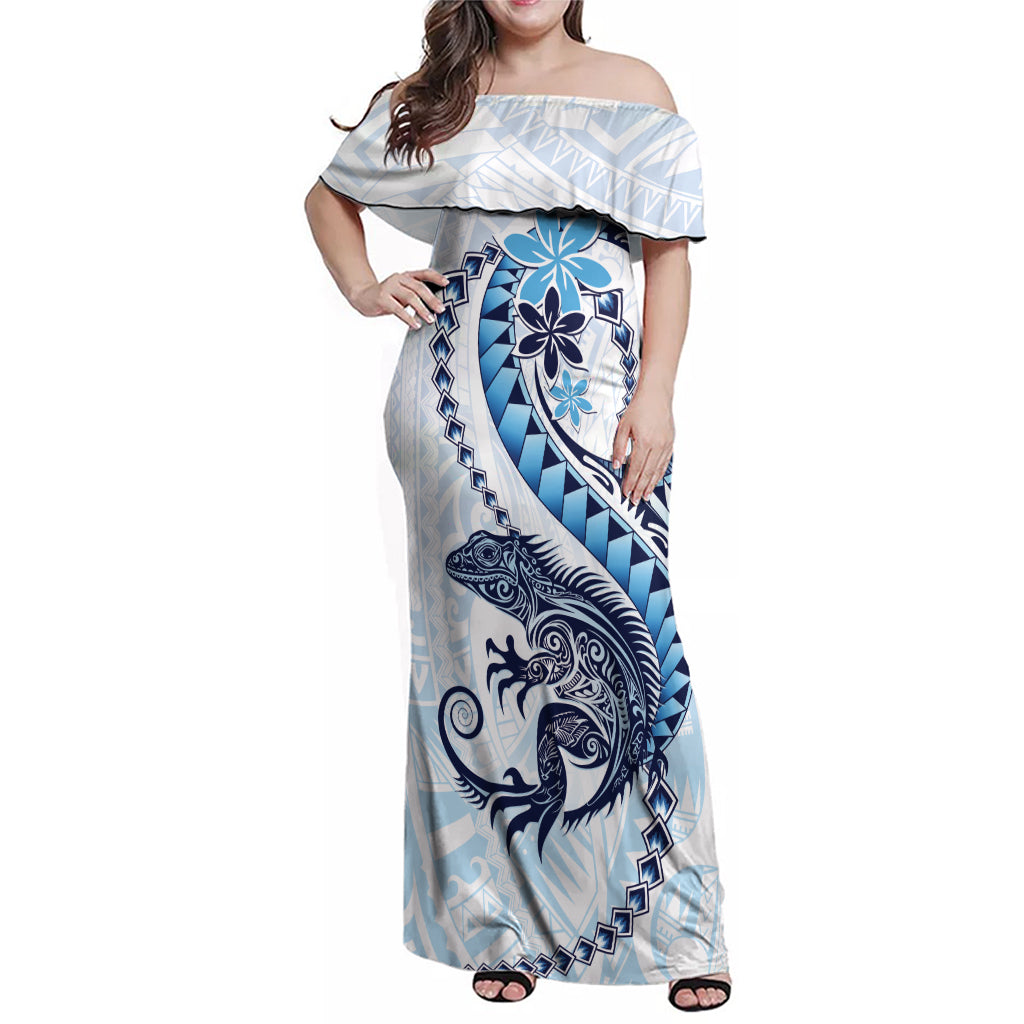 Blue Maori Tuatara Family Matching Off Shoulder Maxi Dress and Hawaiian Shirt Luxury Pastel Pattern LT01 Mom's Dress Blue - Polynesian Pride
