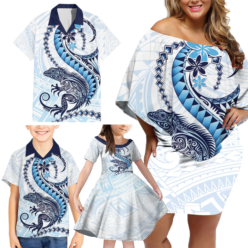 Blue Maori Tuatara Family Matching Off Shoulder Short Dress and Hawaiian Shirt Luxury Pastel Pattern