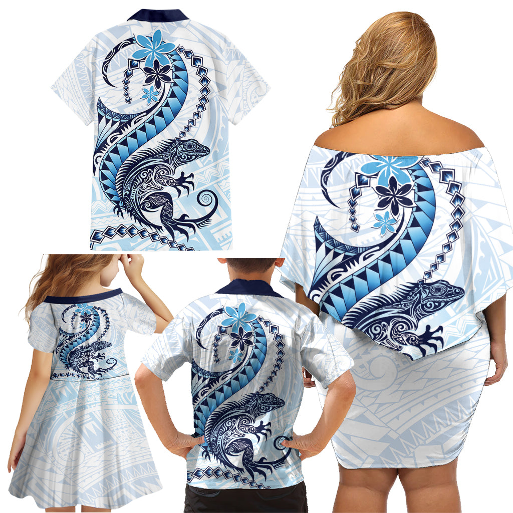Blue Maori Tuatara Family Matching Off Shoulder Short Dress and Hawaiian Shirt Luxury Pastel Pattern LT01 - Polynesian Pride