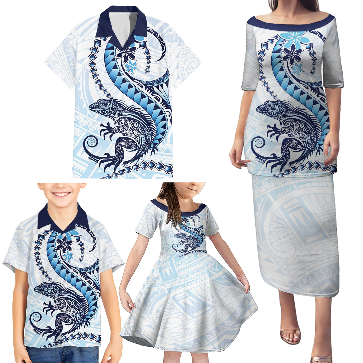 Blue Maori Tuatara Family Matching Puletasi and Hawaiian Shirt Luxury Pastel Pattern LT01 - Polynesian Pride