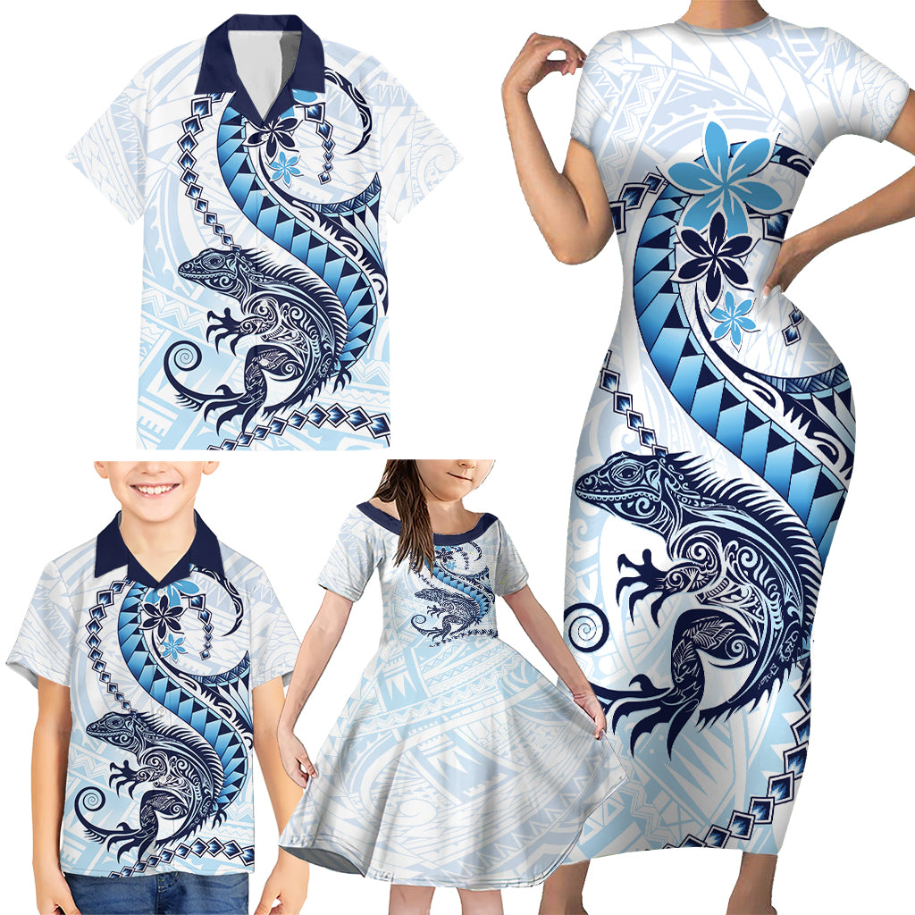 Blue Maori Tuatara Family Matching Short Sleeve Bodycon Dress and Hawaiian Shirt Luxury Pastel Pattern LT01 - Polynesian Pride