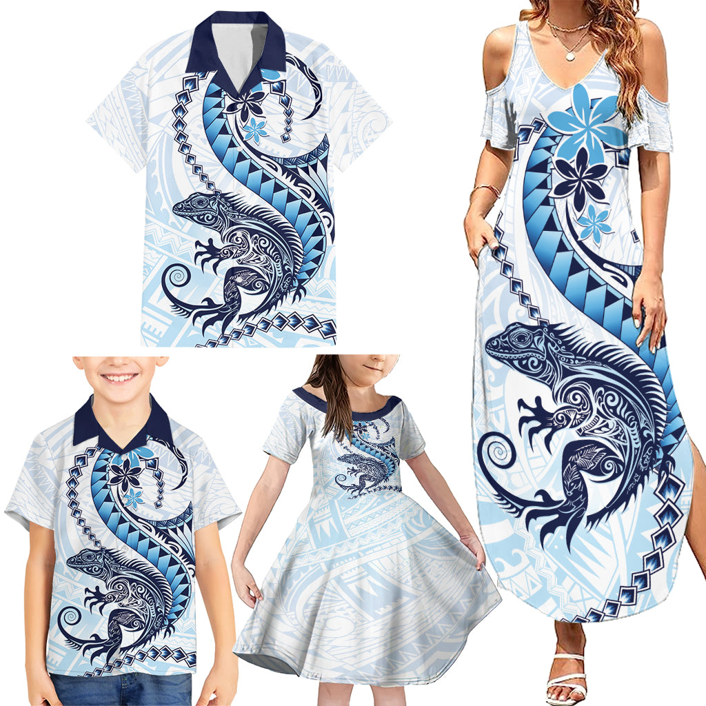 Blue Maori Tuatara Family Matching Summer Maxi Dress and Hawaiian Shirt Luxury Pastel Pattern