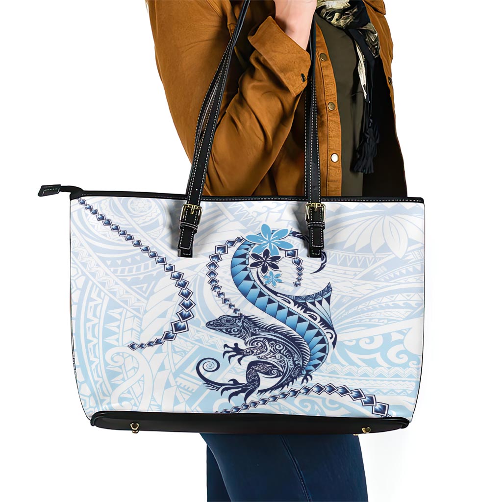 Blue Maori Tuatara Leather Tote Bag Luxury Pastel Pattern LT01 - Polynesian Pride