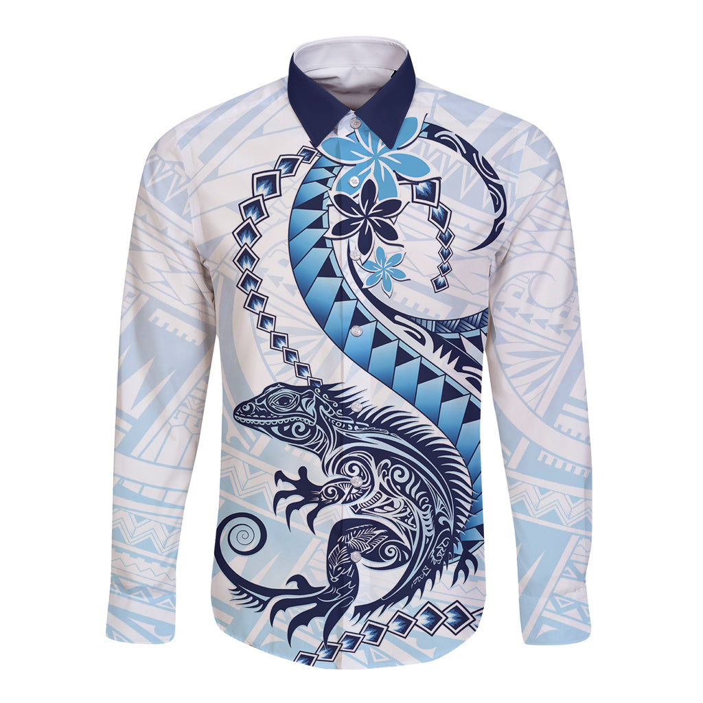 Blue Maori Tuatara Long Sleeve Button Shirt Luxury Pastel Pattern