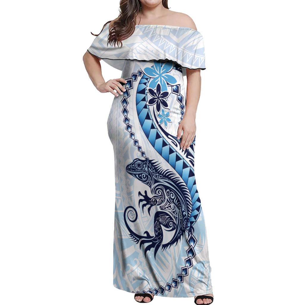 Blue Maori Tuatara Off Shoulder Maxi Dress Luxury Pastel Pattern LT01 Women Blue - Polynesian Pride