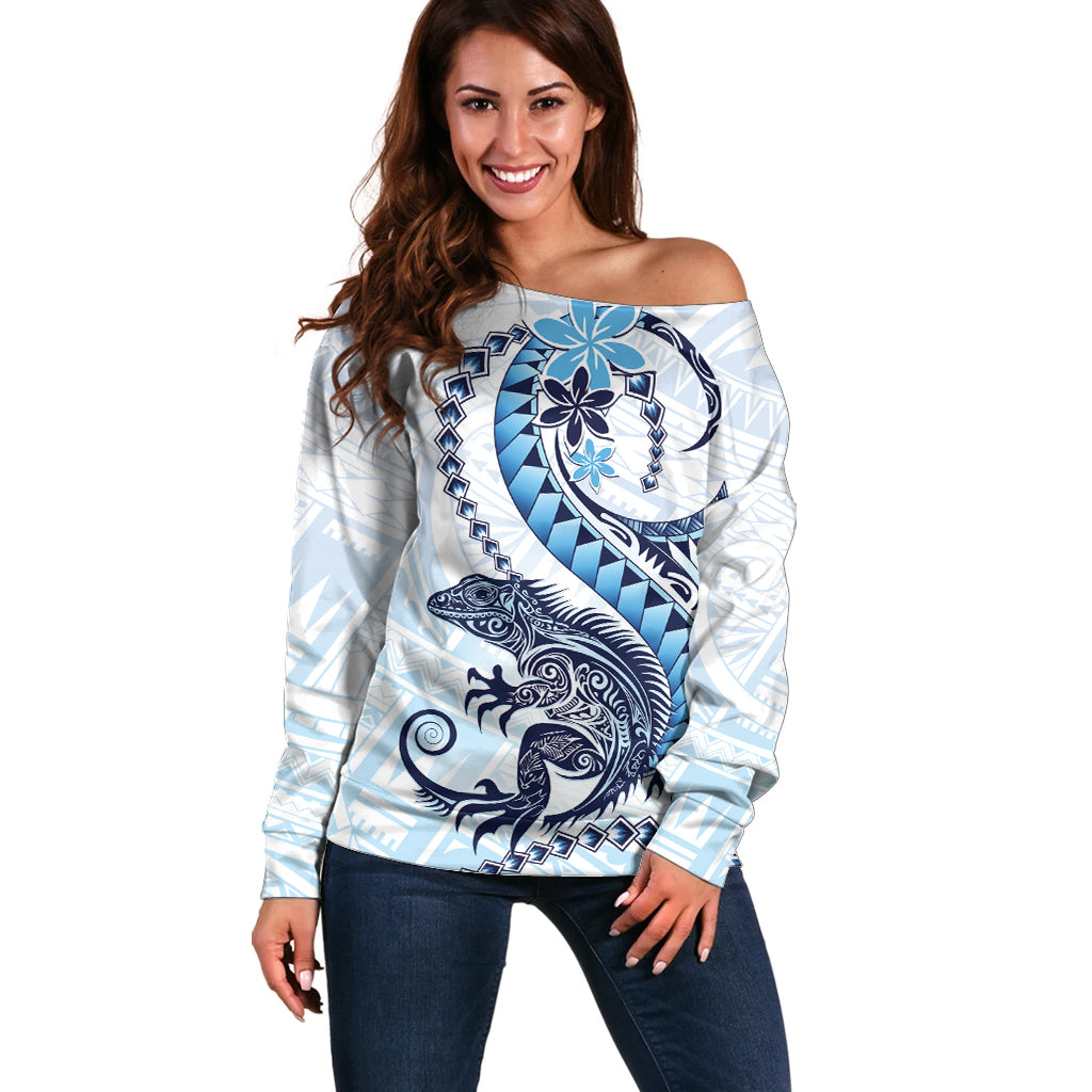 Blue Maori Tuatara Off Shoulder Sweater Luxury Pastel Pattern