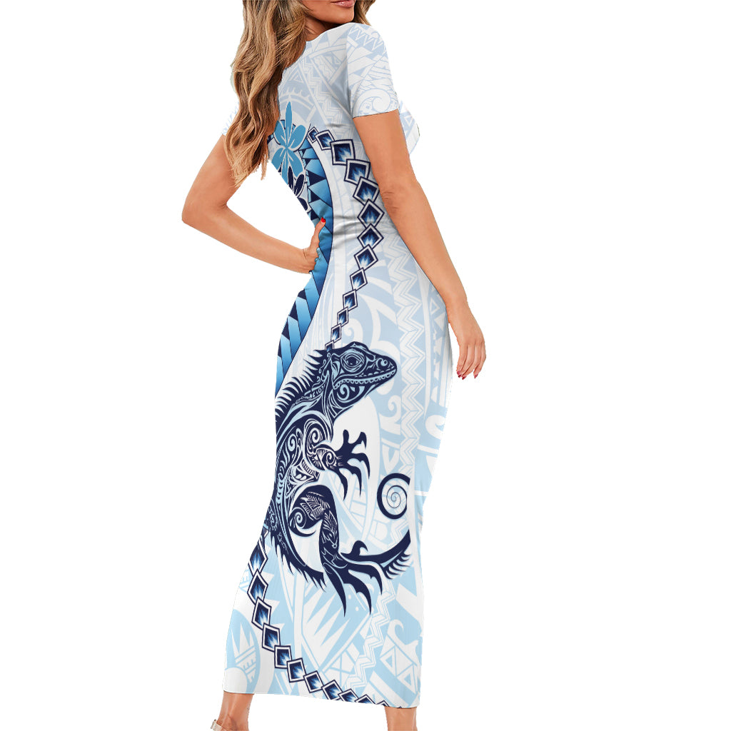 Blue Maori Tuatara Short Sleeve Bodycon Dress Luxury Pastel Pattern