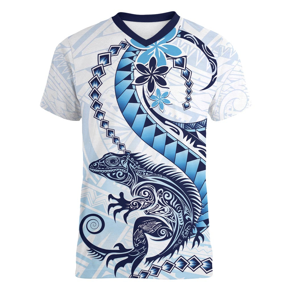 Blue Maori Tuatara Women V-Neck T-Shirt Luxury Pastel Pattern