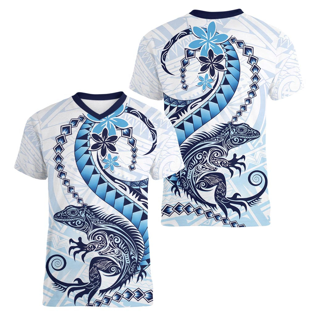 Blue Maori Tuatara Women V-Neck T-Shirt Luxury Pastel Pattern