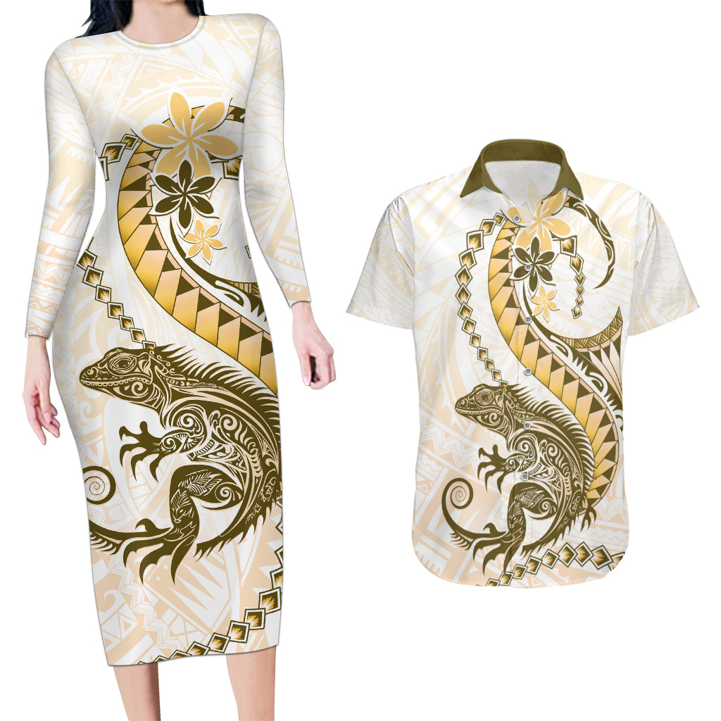 Gold Maori Tuatara Couples Matching Long Sleeve Bodycon Dress and Hawaiian Shirt Luxury Pastel Pattern LT01 Gold - Polynesian Pride