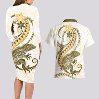 Gold Maori Tuatara Couples Matching Long Sleeve Bodycon Dress and Hawaiian Shirt Luxury Pastel Pattern LT01 - Polynesian Pride