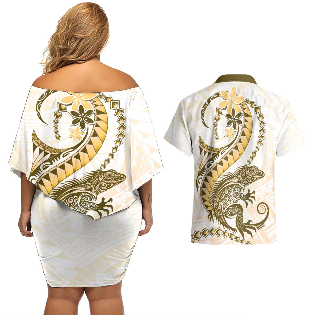 Gold Maori Tuatara Couples Matching Off Shoulder Short Dress and Hawaiian Shirt Luxury Pastel Pattern LT01 - Polynesian Pride