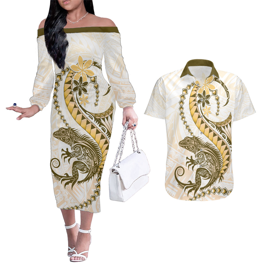Gold Maori Tuatara Couples Matching Off The Shoulder Long Sleeve Dress and Hawaiian Shirt Luxury Pastel Pattern LT01 Gold - Polynesian Pride