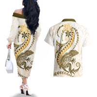 Gold Maori Tuatara Couples Matching Off The Shoulder Long Sleeve Dress and Hawaiian Shirt Luxury Pastel Pattern LT01 - Polynesian Pride