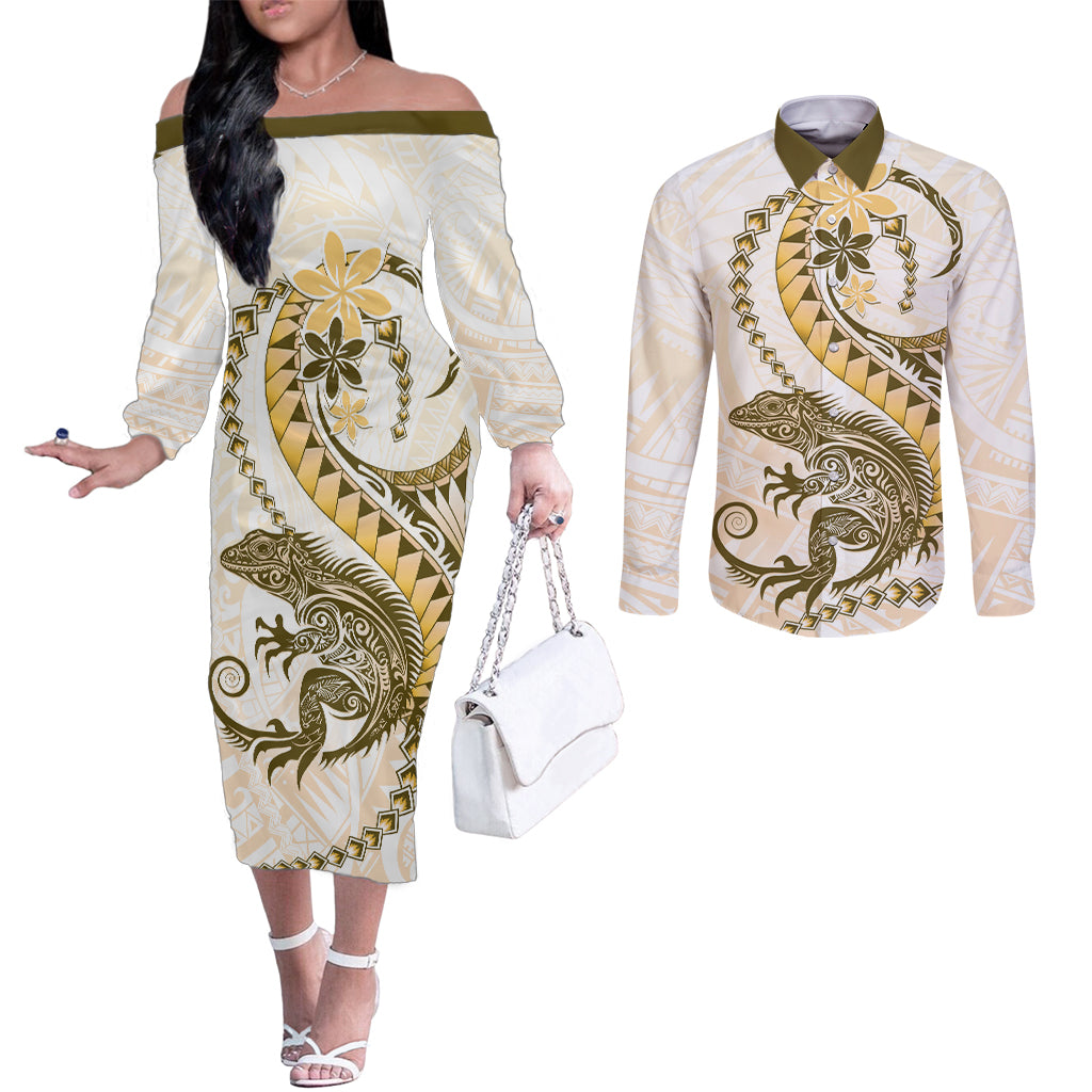 Gold Maori Tuatara Couples Matching Off The Shoulder Long Sleeve Dress and Long Sleeve Button Shirt Luxury Pastel Pattern LT01 Gold - Polynesian Pride