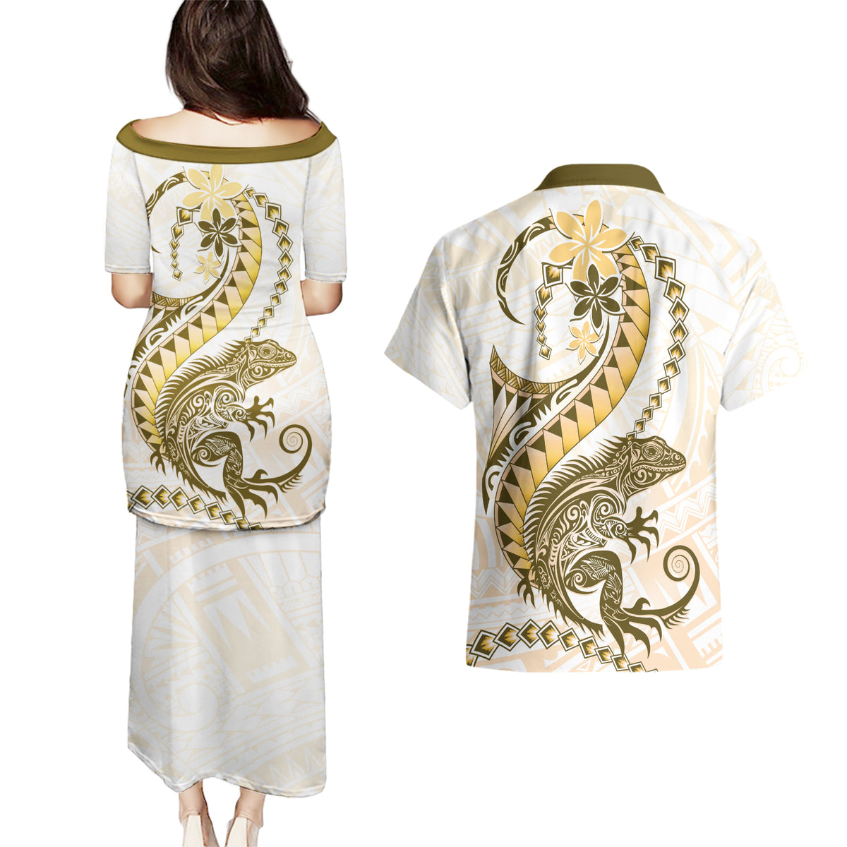Gold Maori Tuatara Couples Matching Puletasi and Hawaiian Shirt Luxury Pastel Pattern LT01 - Polynesian Pride