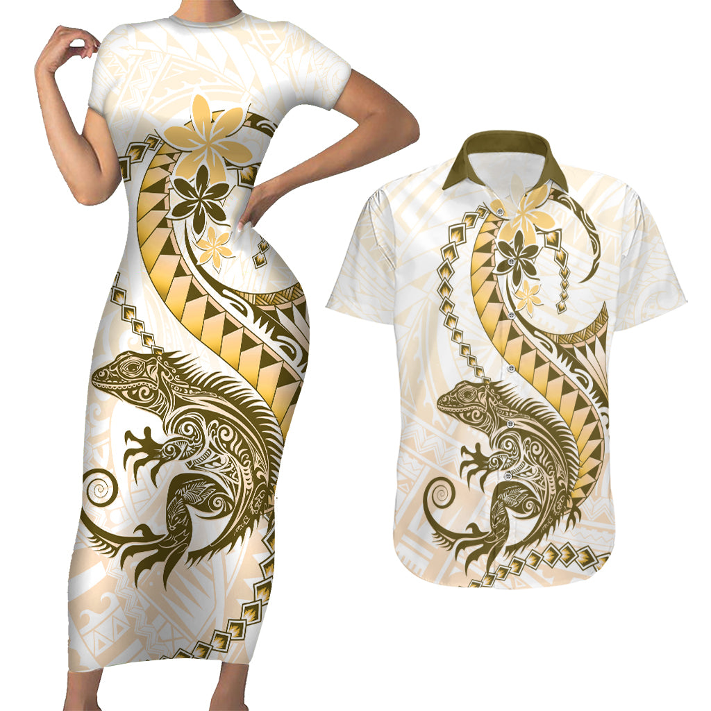 Gold Maori Tuatara Couples Matching Short Sleeve Bodycon Dress and Hawaiian Shirt Luxury Pastel Pattern LT01 Gold - Polynesian Pride