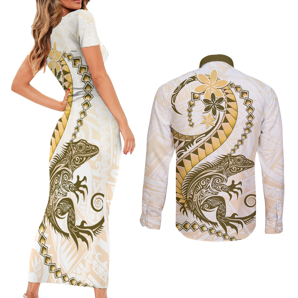 Gold Maori Tuatara Couples Matching Short Sleeve Bodycon Dress and Long Sleeve Button Shirt Luxury Pastel Pattern LT01 - Polynesian Pride