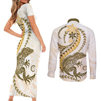 Gold Maori Tuatara Couples Matching Short Sleeve Bodycon Dress and Long Sleeve Button Shirt Luxury Pastel Pattern LT01 - Polynesian Pride