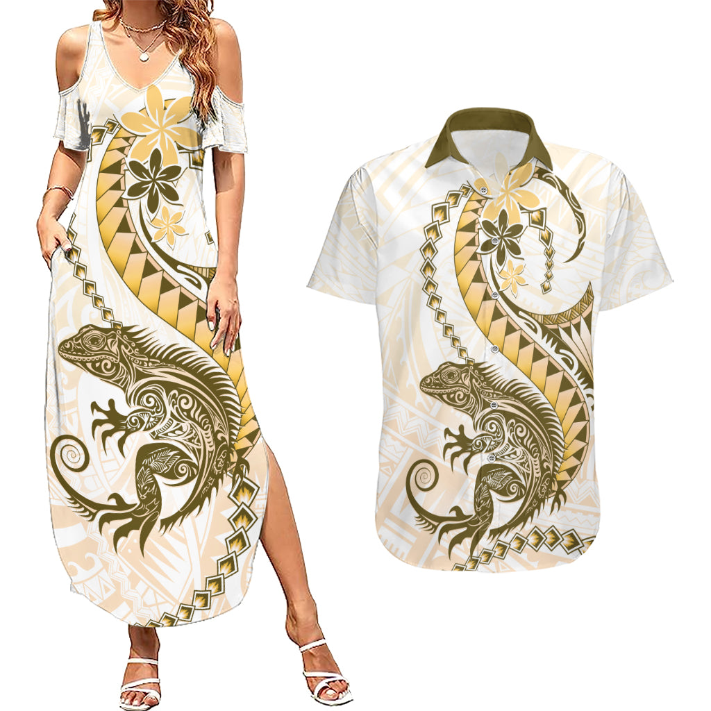 Gold Maori Tuatara Couples Matching Summer Maxi Dress and Hawaiian Shirt Luxury Pastel Pattern LT01 Gold - Polynesian Pride