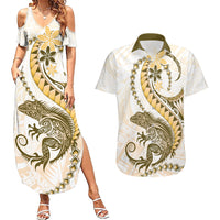 Gold Maori Tuatara Couples Matching Summer Maxi Dress and Hawaiian Shirt Luxury Pastel Pattern LT01 Gold - Polynesian Pride