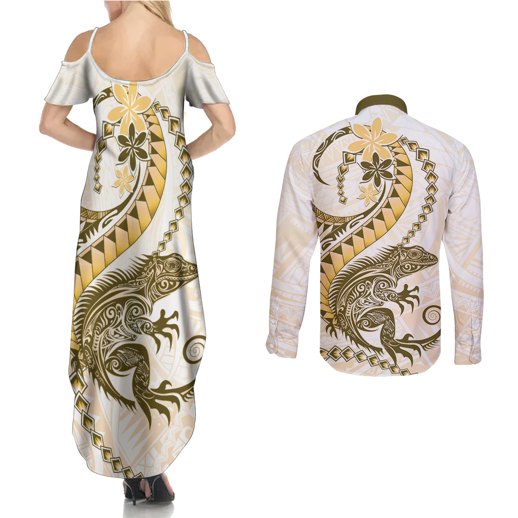 Gold Maori Tuatara Couples Matching Summer Maxi Dress and Long Sleeve Button Shirt Luxury Pastel Pattern LT01 - Polynesian Pride