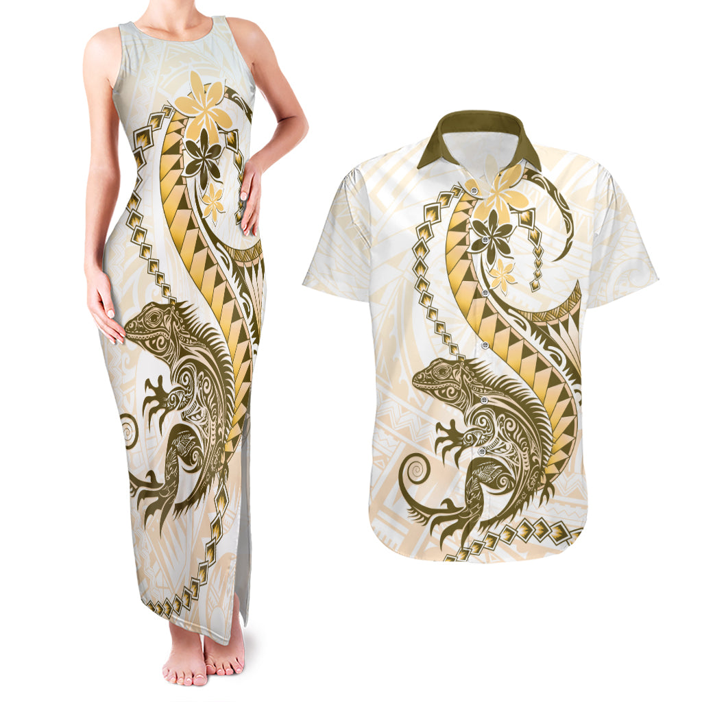 Gold Maori Tuatara Couples Matching Tank Maxi Dress and Hawaiian Shirt Luxury Pastel Pattern LT01 Gold - Polynesian Pride