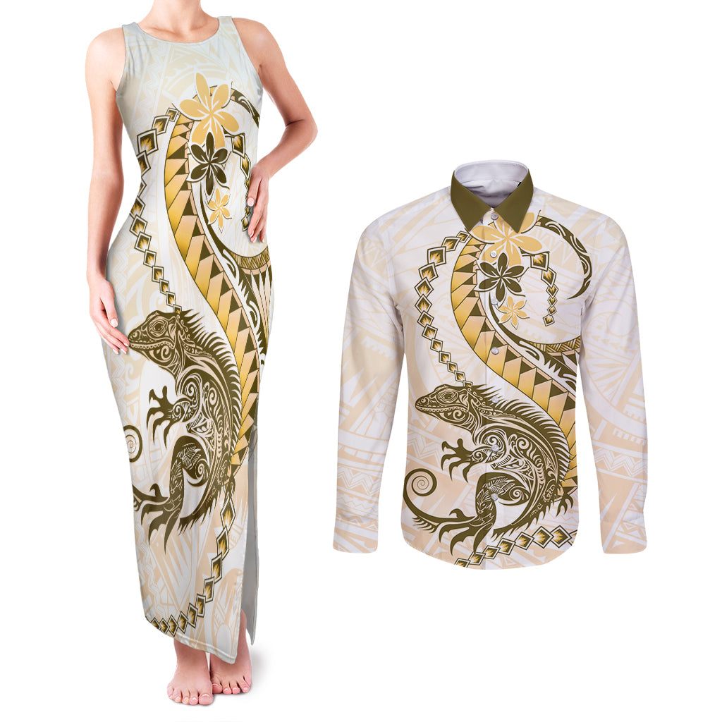 Gold Maori Tuatara Couples Matching Tank Maxi Dress and Long Sleeve Button Shirt Luxury Pastel Pattern LT01 Gold - Polynesian Pride