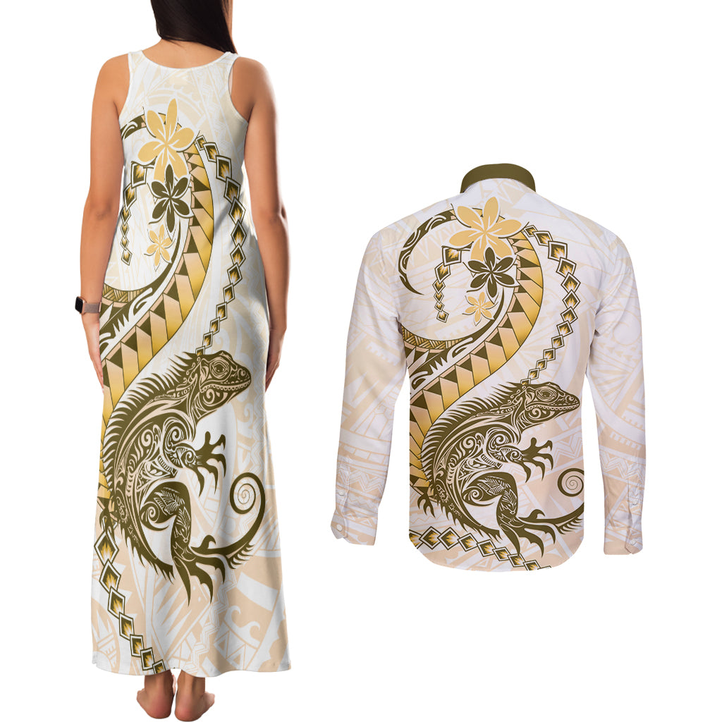 Gold Maori Tuatara Couples Matching Tank Maxi Dress and Long Sleeve Button Shirt Luxury Pastel Pattern LT01 - Polynesian Pride