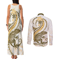 Gold Maori Tuatara Couples Matching Tank Maxi Dress and Long Sleeve Button Shirt Luxury Pastel Pattern LT01 - Polynesian Pride