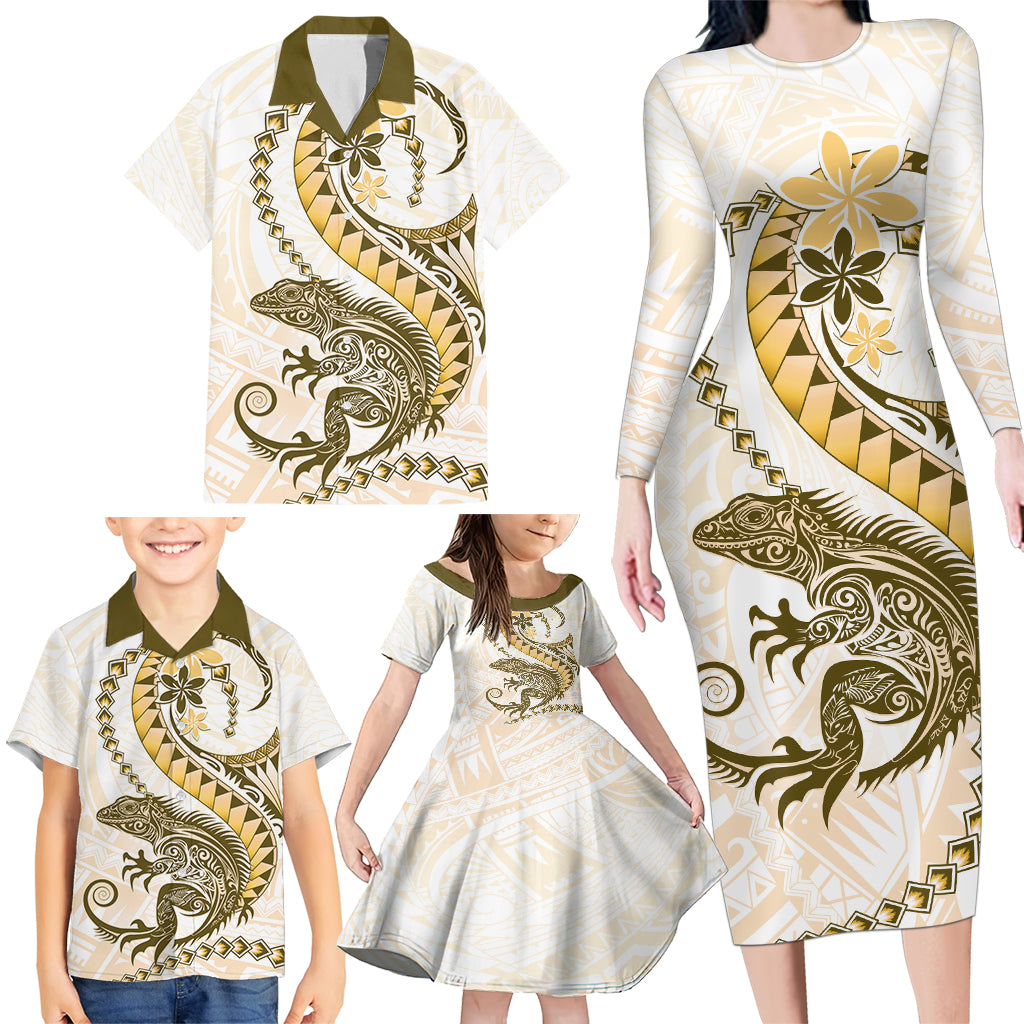 Gold Maori Tuatara Family Matching Long Sleeve Bodycon Dress and Hawaiian Shirt Luxury Pastel Pattern