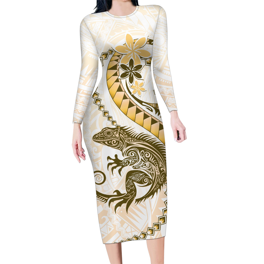 Gold Maori Tuatara Family Matching Long Sleeve Bodycon Dress and Hawaiian Shirt Luxury Pastel Pattern LT01 Mom's Dress Gold - Polynesian Pride