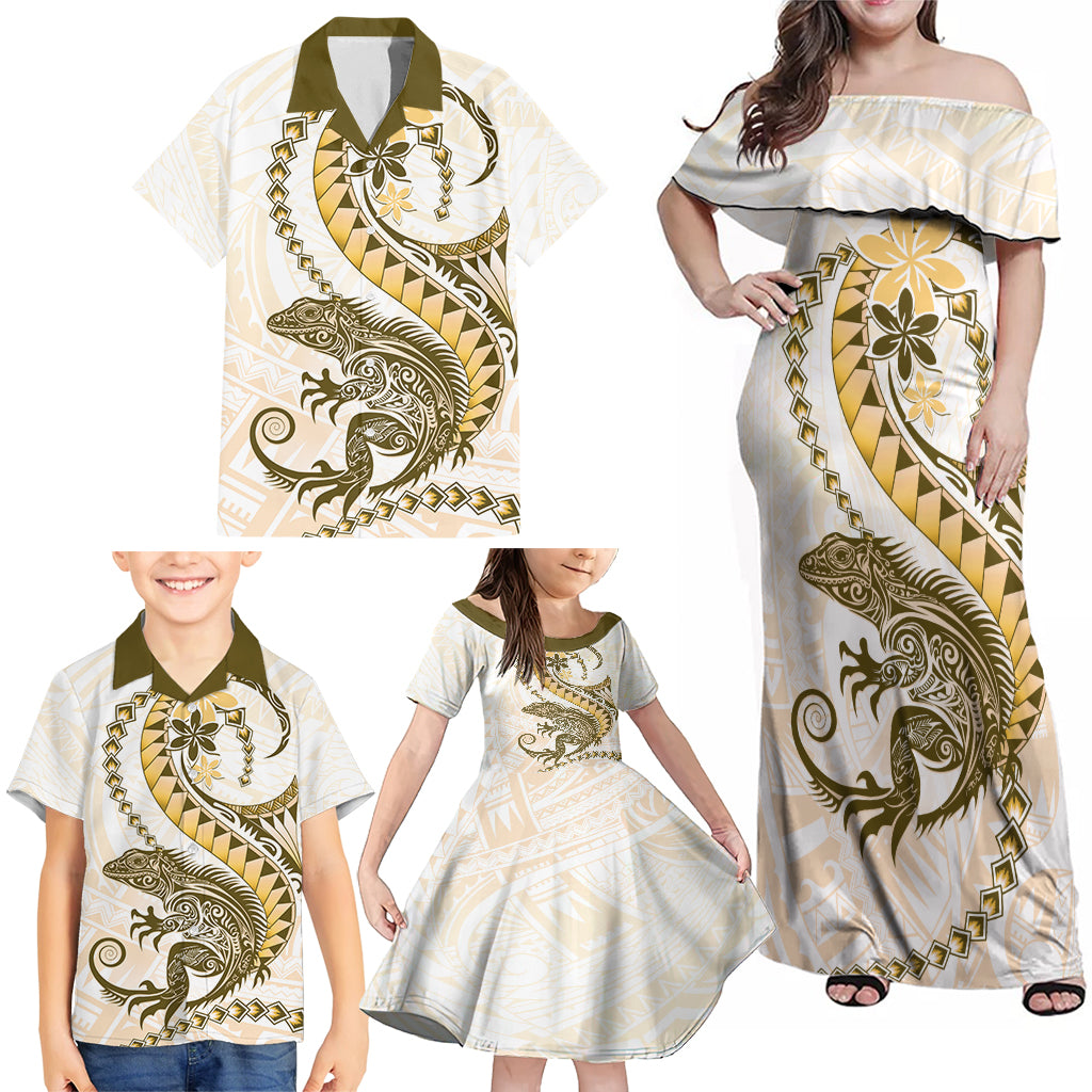 Gold Maori Tuatara Family Matching Off Shoulder Maxi Dress and Hawaiian Shirt Luxury Pastel Pattern