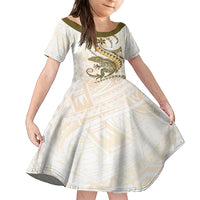 Gold Maori Tuatara Family Matching Off Shoulder Short Dress and Hawaiian Shirt Luxury Pastel Pattern LT01 Daughter's Dress Gold - Polynesian Pride