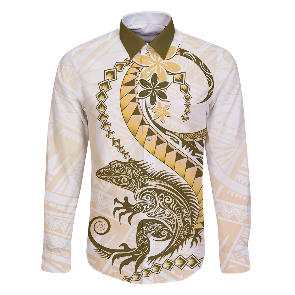 Gold Maori Tuatara Family Matching Off Shoulder Short Dress and Hawaiian Shirt Luxury Pastel Pattern LT01 Dad's Shirt - Long Sleeve Gold - Polynesian Pride