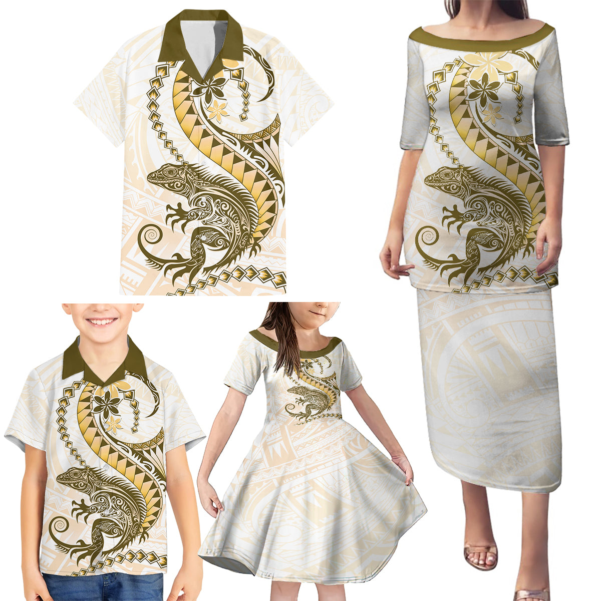 Gold Maori Tuatara Family Matching Puletasi and Hawaiian Shirt Luxury Pastel Pattern