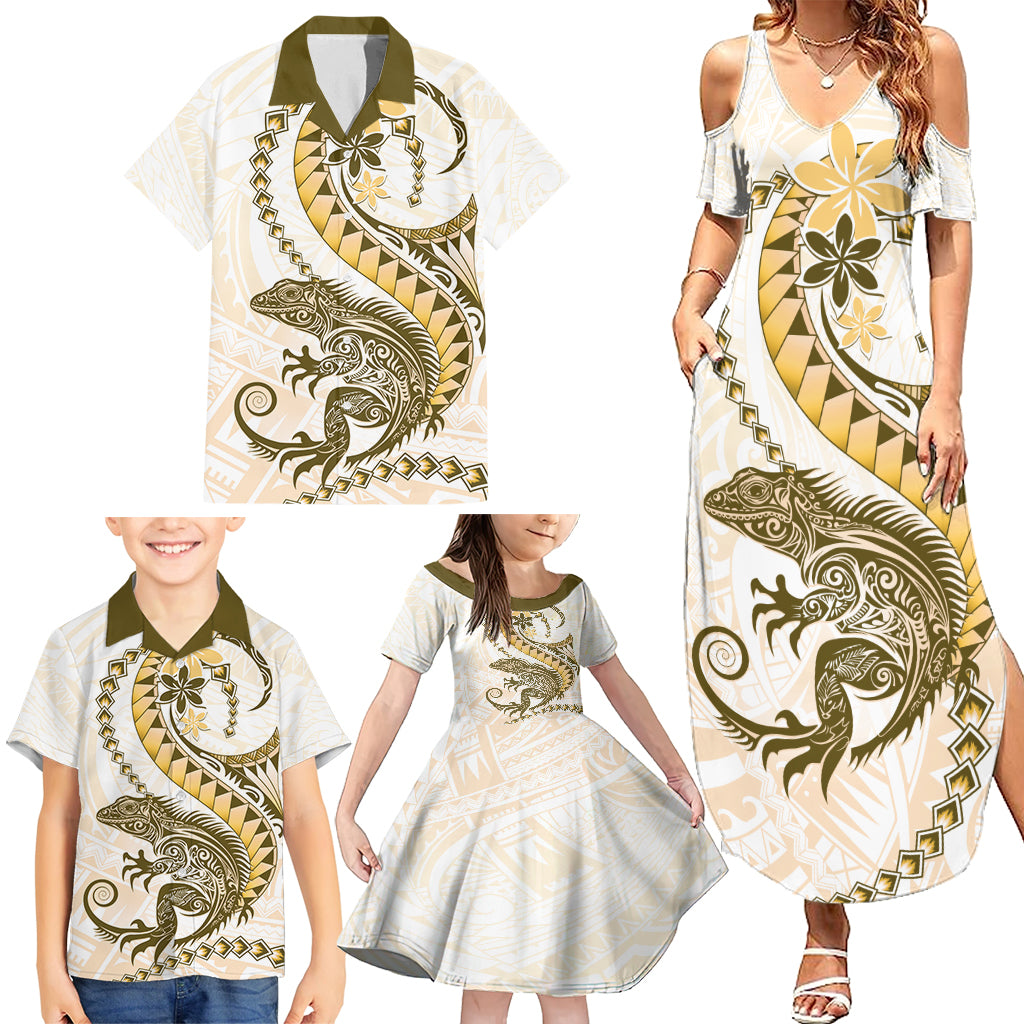 Gold Maori Tuatara Family Matching Summer Maxi Dress and Hawaiian Shirt Luxury Pastel Pattern