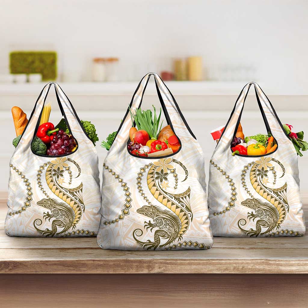 Gold Maori Tuatara Grocery Bag Luxury Pastel Pattern LT01 3-pack One Size Gold - Polynesian Pride