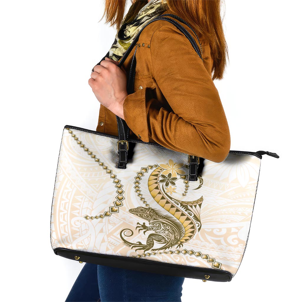 Gold Maori Tuatara Leather Tote Bag Luxury Pastel Pattern LT01 Gold - Polynesian Pride